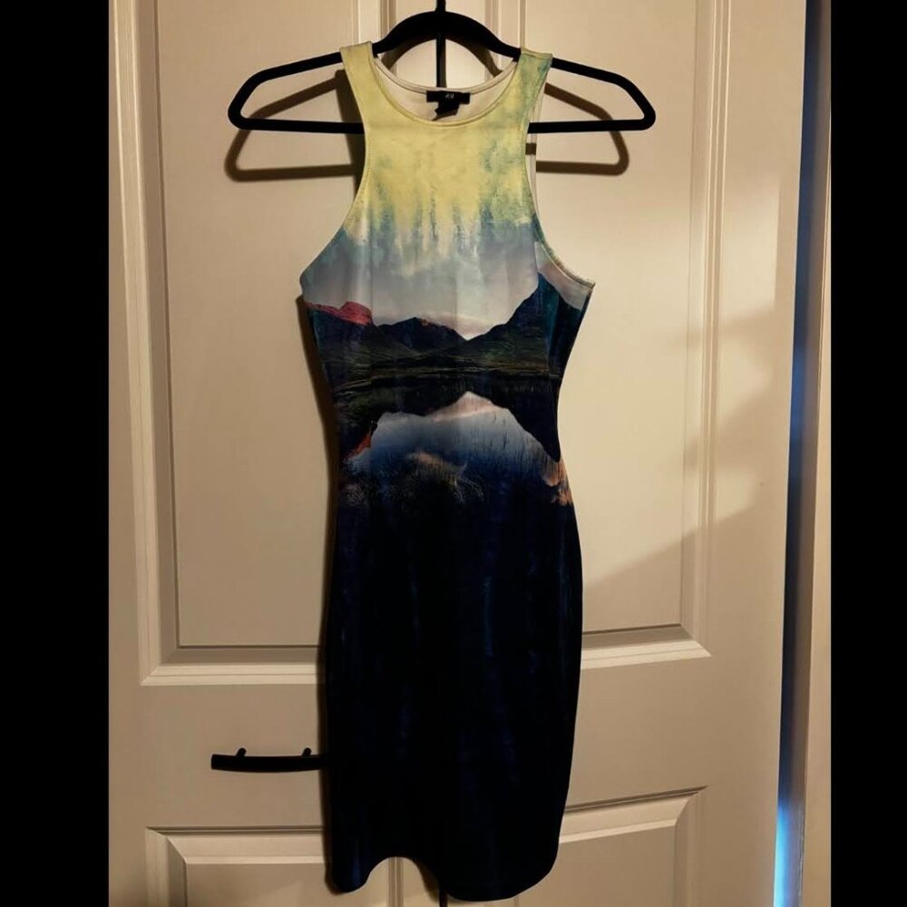 Bodycon halter backless dress unique Mountain scene